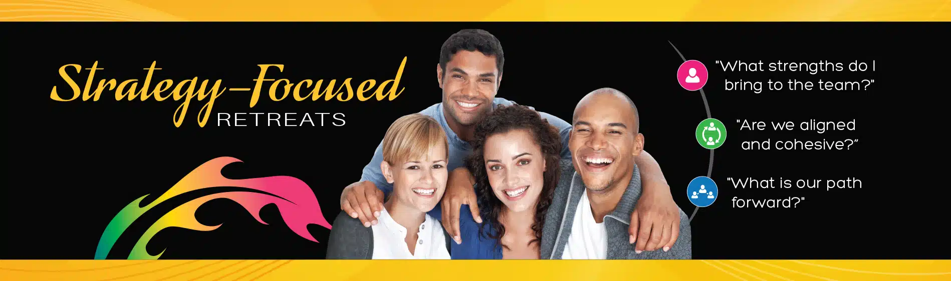 Strategy-Focused Retreats Title image. Group of four ethnically diverse smiling people, who have the questions of "what strengths do I bring to the team?," "Are we aligned an cohesive?," and "What is our path forward?"