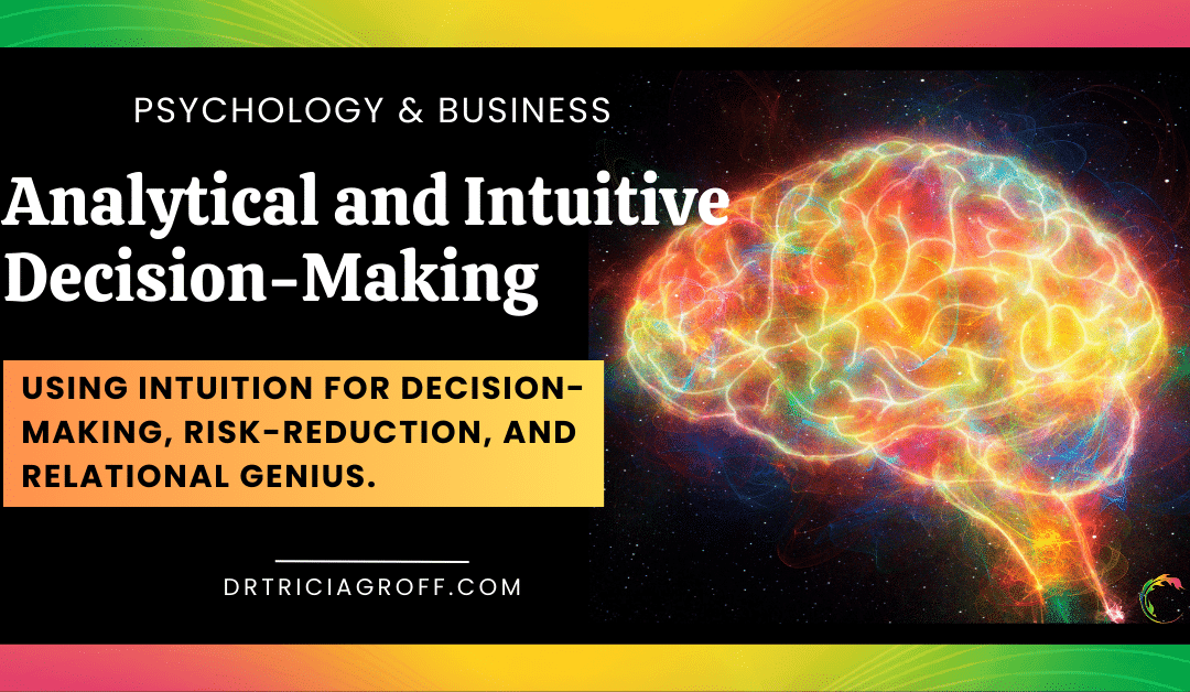 Analytical and Intuitive Decision-Making Title Graphic. Using Intuition for Decision-making, Risk Reduction and Relational Genius. Picture of a brain lit up with multiple glowing colors.