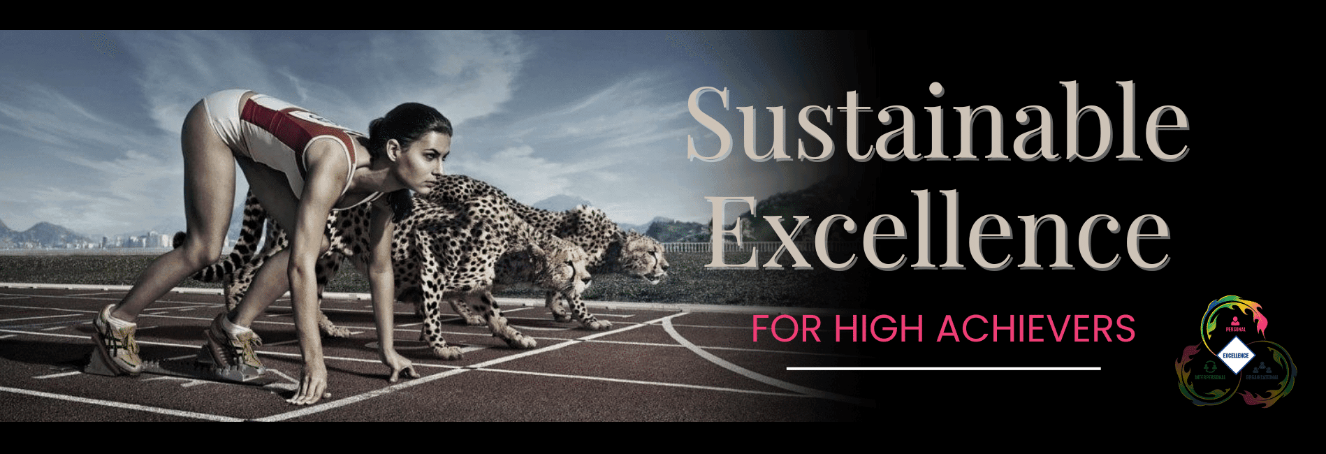 Runner competing against cheetahs at the start line. Title graphic for Sustainable Excellence for High Achievers