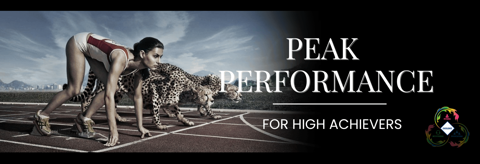 PEAK PERFORMANCE Runner competing against cheetahs at the start line. Title graphic for Sustainable Excellence for High Achievers